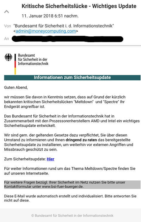 Screenshot einer gefälschten E-Mail des BSI mit angeblicher Sicherheitswarnung