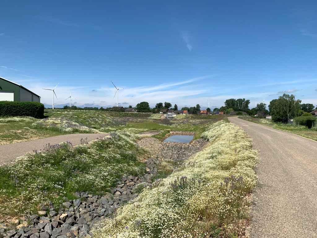 Über den Zulauf im Vordergrund erreicht das Regenwasser das Hochwasserrückhaltebecken am Ortsrand von Engelsdorf. Es kann einen maximalen Zufluss von 3.300 Litern Wasser pro Sekunde um mehr als das Zehnfache (!) auf 300 Liter pro Sekunde in den Merzbach drosseln. Bild: Gemeinde Aldenhoven