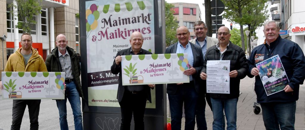 Maimarkt und Maikirmes in Düren gehen in diesem Jahr vom 1. Mai bis zum 5. Mai. Stadt, Schausteller und Schützen freuen sich auf eine attraktive Veranstaltung und hoffen auf trockenes Wetter.