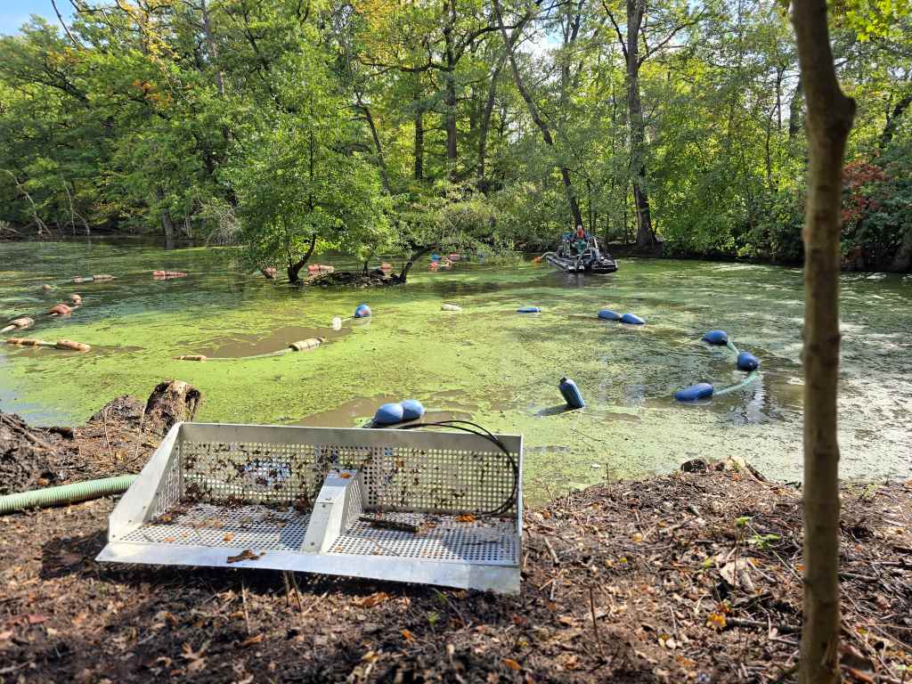Für die Entschlammung der Teiche an Gut Weyern wird unter anderem ein Amphibienfahrzeug mit Unterwasser-Schneidkopf und Absaugung eingesetzt. Für die Entschlammung der Teiche an Gut Weyern wird unter anderem ein Amphibienfahrzeug mit Unterwasser-Schneidkopf und Absaugung eingesetzt.